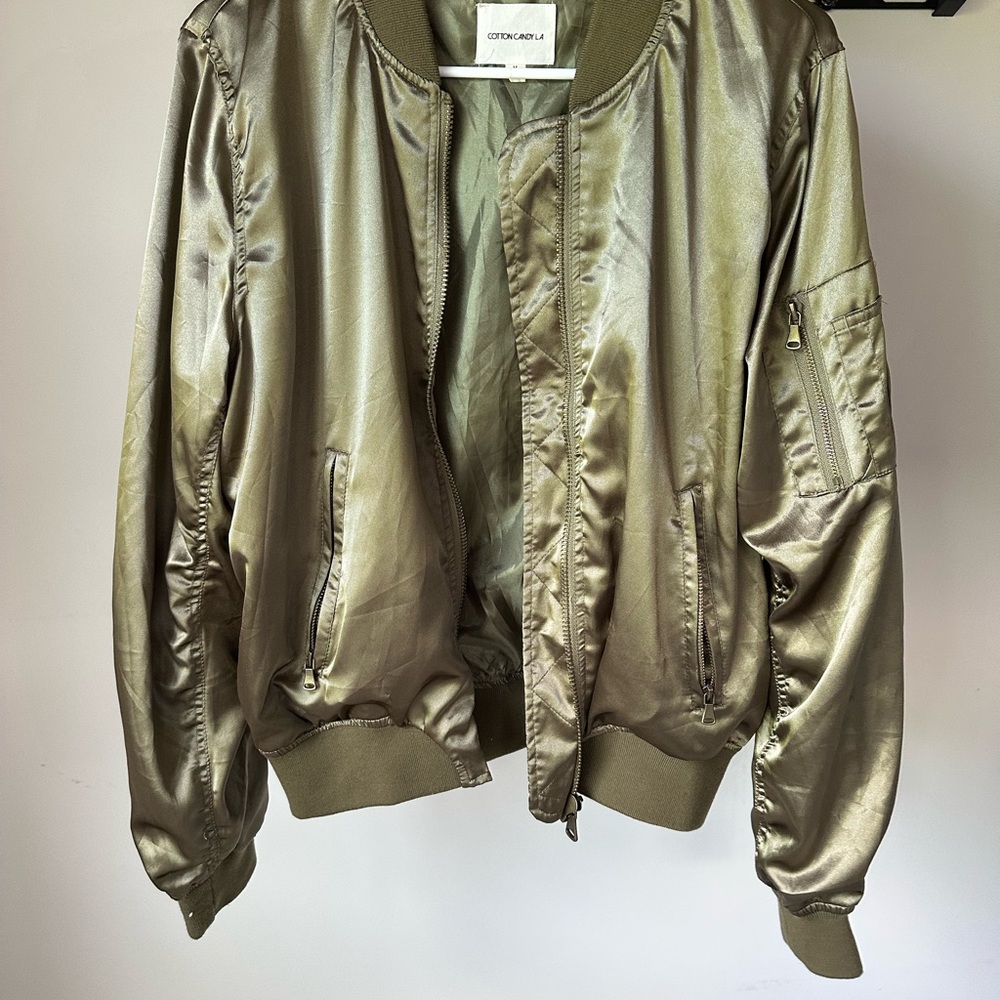 Olive Green Satin Bomber Jacket